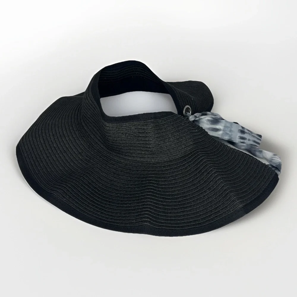Steve Madden Womens‎ Black Wide Brim Sun Visor Hat Tie Dye Bow Adjustable Chic
